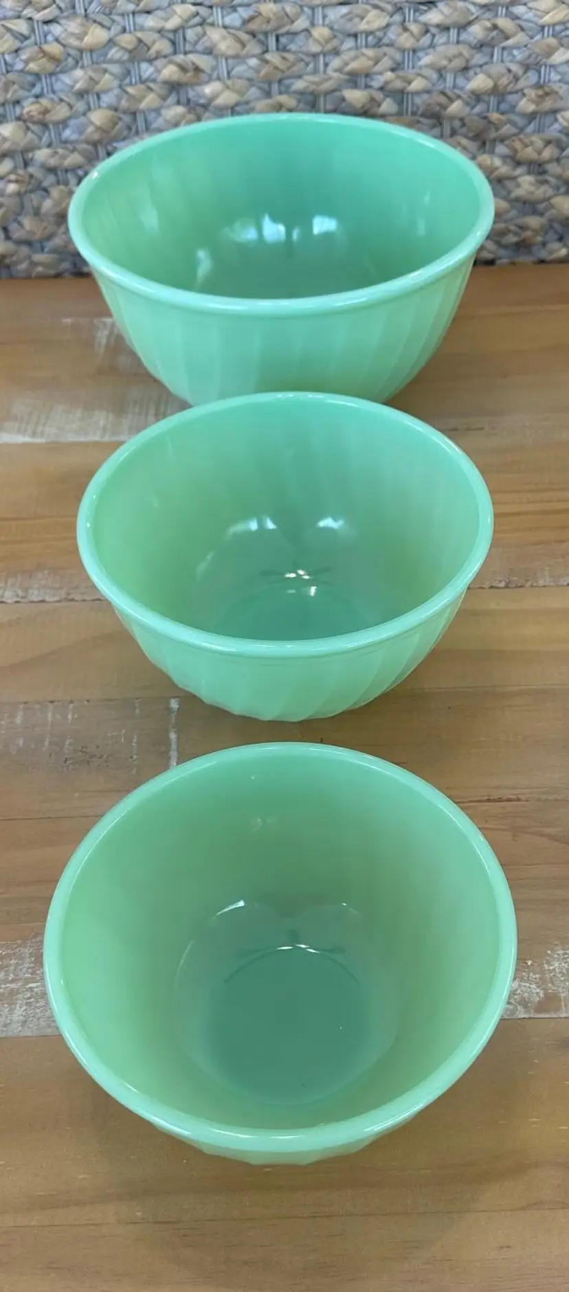 Vintage Anchor Hocking Fire King Jadeite Swirl Nesting Mixing Bowl Set 6” 7” 9”