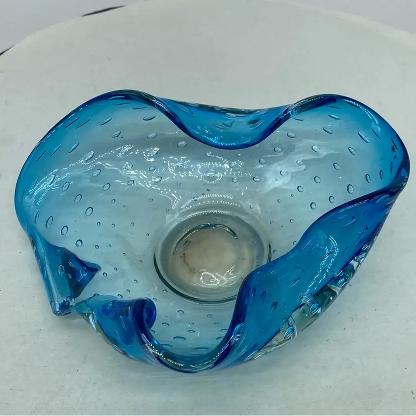 #0219 Blue Bubble Art Glass Dish Unusual Folds 6.5 X 5 Inch