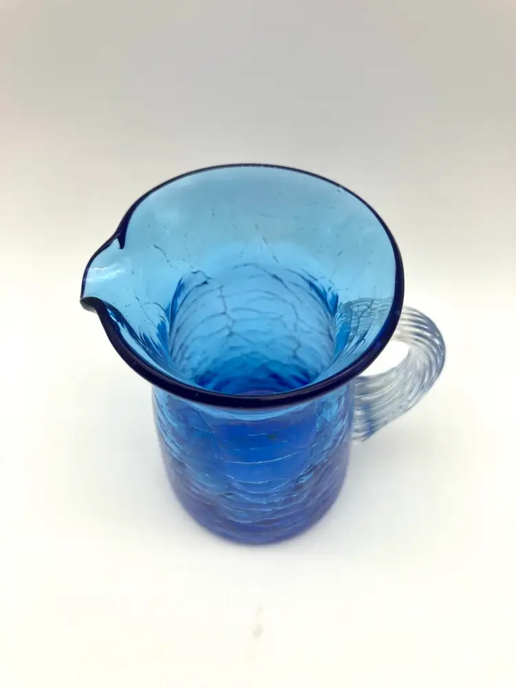 BIN - Vintage MCM Cobalt Blue Crackle Glass Mini Pitcher Bud Vase 3.5”