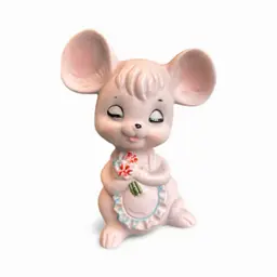 Vintage Ceramic Pink Mouse Figurine Holding Flowers