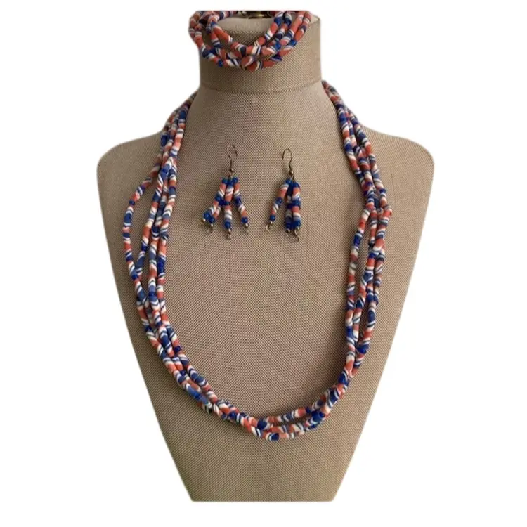 Vintage 3 Piece Carved Shell Beaded Jewelry Set Necklace Bracet + Earrings