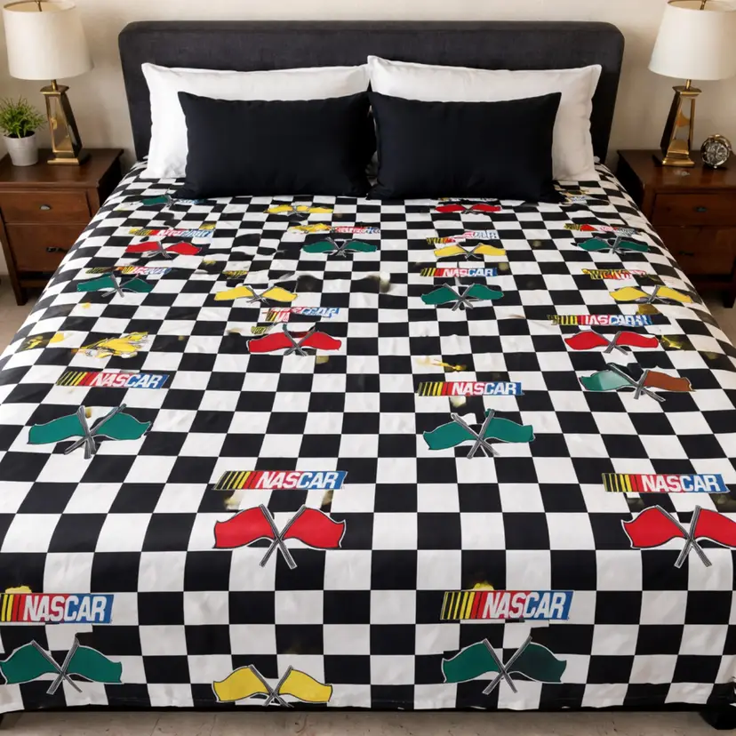 80s Dan River NASCAR Full Flat Sheet Black White Checkered 83”x94”