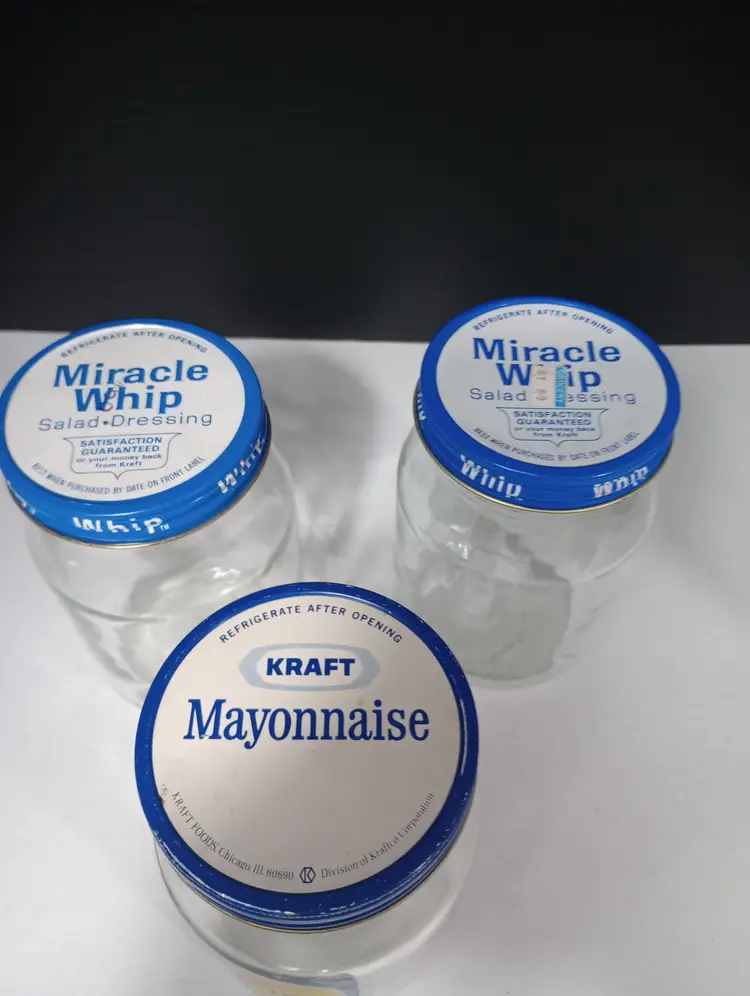 Vintage 1970s era 3 piece lot of Kraft Mayonnaise with label and 2 Miracle Whips clear