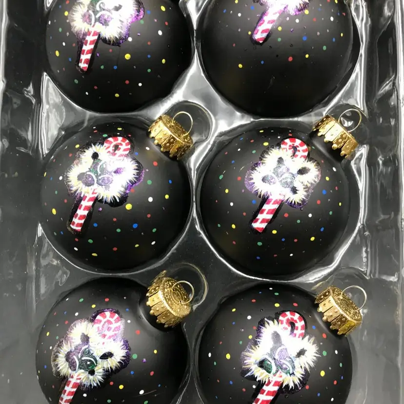 Hand Painted Black Glass Ornaments with Candy Canes and Bells Set of Six One of a Kind