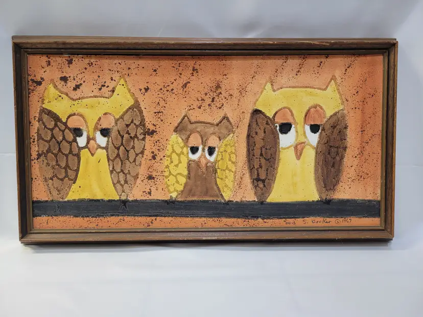 Vtg Lois S Becker 1967 owl mixed media sand oil painting Art Original Wood Frame
