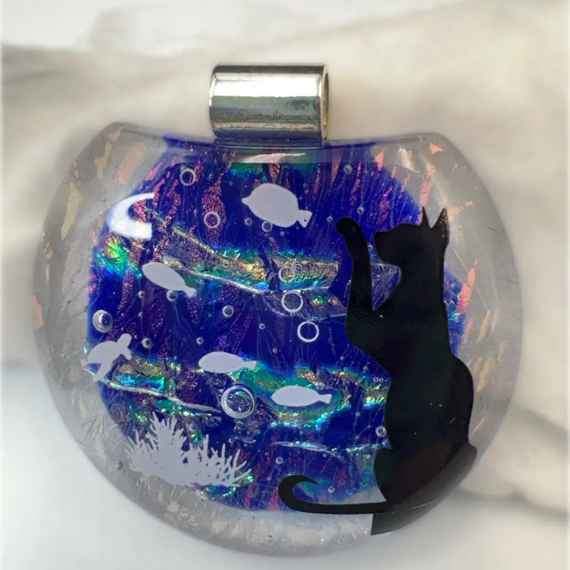 Dichroic Glass Cat Fishbowl Pendant Signed 1.5”