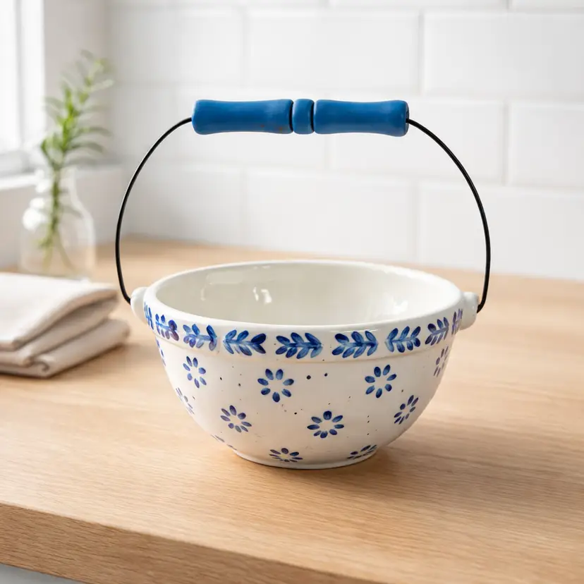 Polish Pottery Bowl with Handle by Caramika Artustyczna in the Forget Me Not Pattern