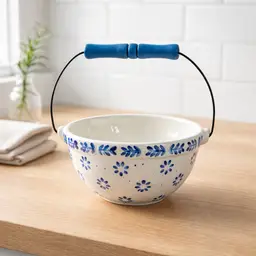 Polish Pottery Bowl with Handle by Caramika Artustyczna in the Forget Me Not Pattern