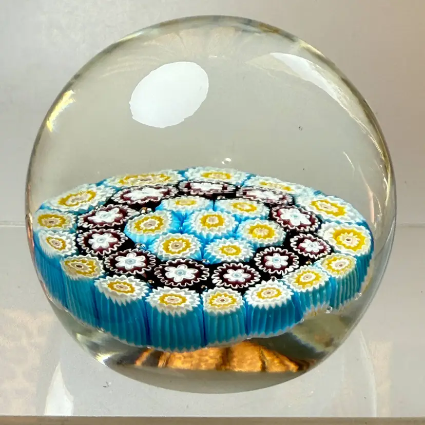 Murano Art Glass Millefiori Paperweight Blue Red Yellow Tightly Packed Canes