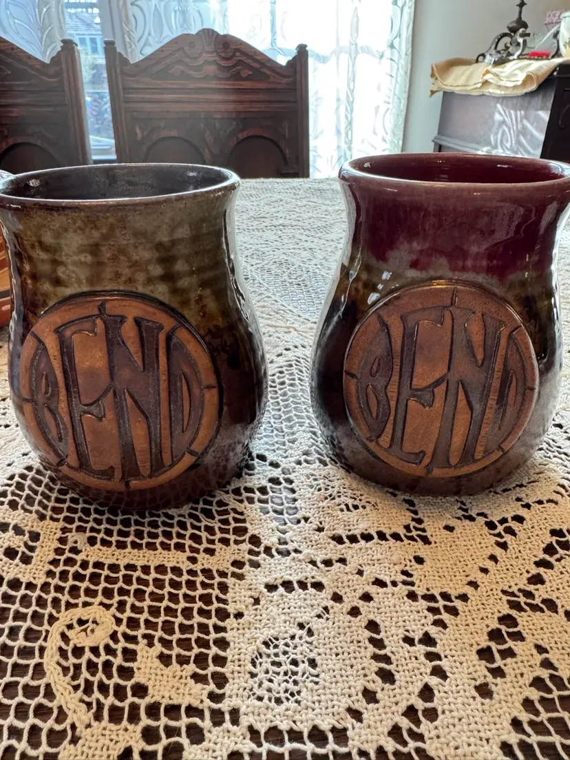 Pair Of Bender Paint Drip Pottery Mugs Signed
