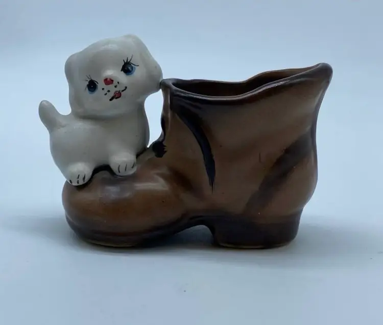 #1461 Vintage Enesco ceramic puppy on boot toothpick holder.
