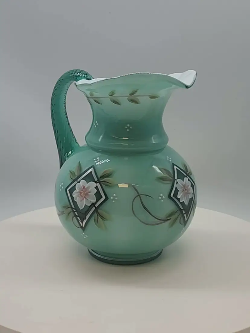 VINTAGE FENTON 75TH YEAR DECORATED SPRUCE GREEN PITCHER
