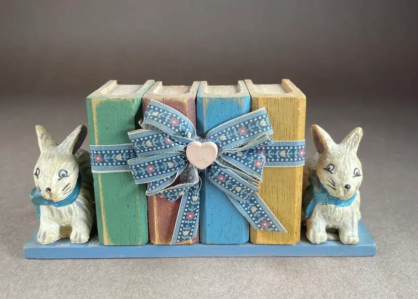Primitive Folk Art Rabbit Books Shelf Decor Miniature Animal Figurine EASTER