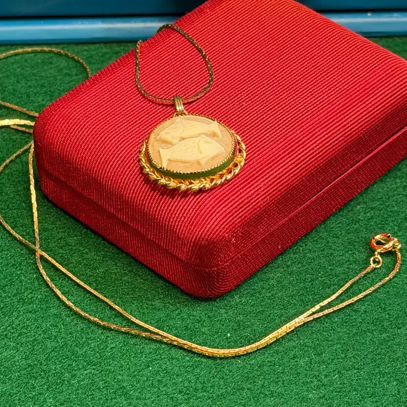 Catamore Gold Fill Carved Cameo Fish Pieces Pendant Necklace Gold Tone Chain Zodiac