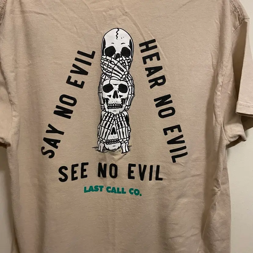 Last Call Mens Tee T Shirt L Sand Beige Skeleton Say Hear See No Evil 3 Rules