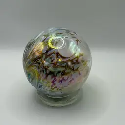 Glass Eye Studio Paperweight With Pinks And Purple Oil Slick Opulence With Sand And Seashells 3 1/2” Round
