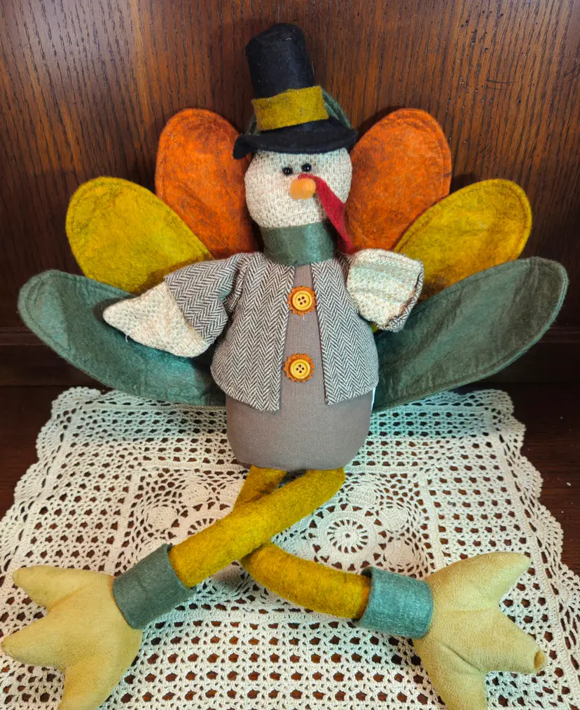 Thanksgiving Turkey Shelf Sitter Dangling Legs Colorful Felt & Suede Autumn 14"