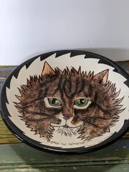 Vintage Hand painted Tabby Cat plate dish, Signed Cat's by Nina