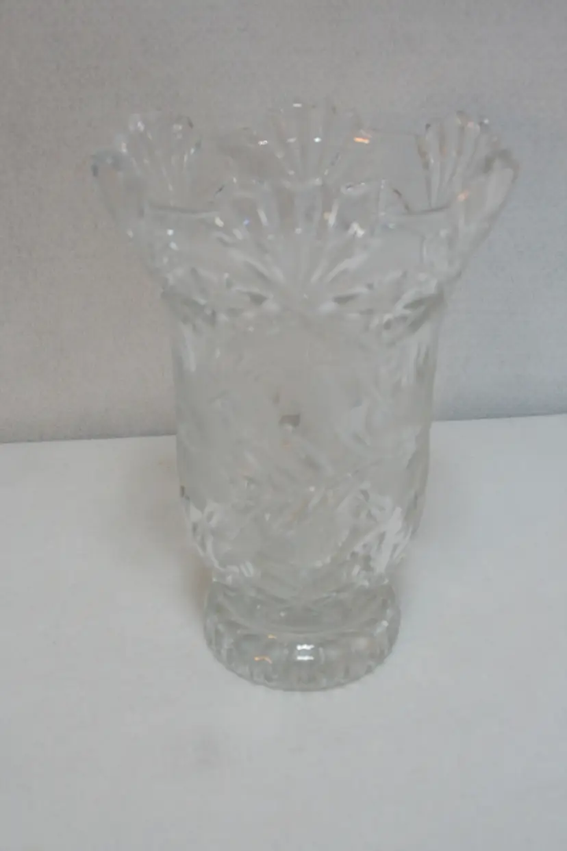 Medallion Rose 9" Frosted Floral Footed Vase 24% Lead Crystal Sawtooth Rim