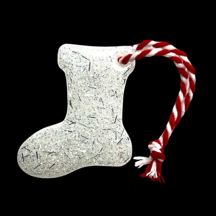 White and Silver Glitter Stocking Winter Christmas 1-3/4” Ornament. Handmade by me 🫶