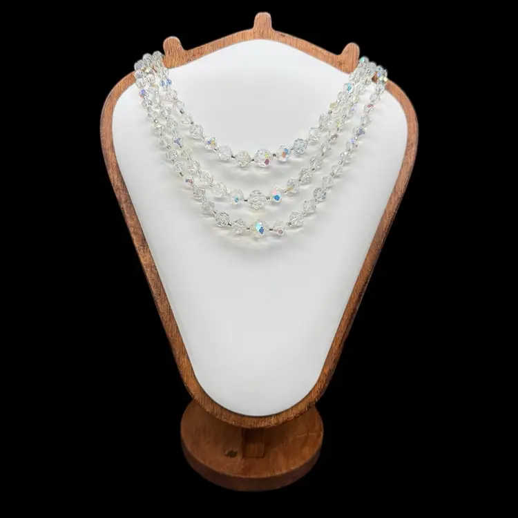 Vintage Triple Strand Aurora Borealis Crystal Choker Necklace Fancy Clasp MCM