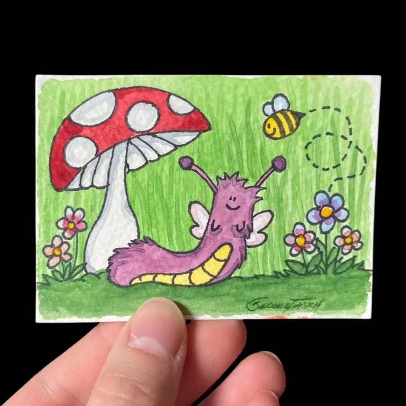 Handmade By Me - Caterfae And Bumble Bee Mushroom Watercolor Painting And Ink, Original Artwork