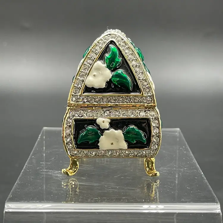 Enamel Rhinestone Magnet Lidded Trinket Box Black Green White Floral Vintage