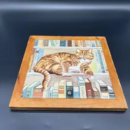 Signed Lowell Herrero 1982 Cat on Bookshelf Framed Tile - 9.5"