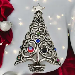 Christmas Tree Silver Tone Multicolored Rhinestone Brooch Pendant