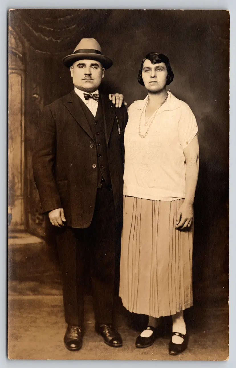 Postcard RPPC Man and Woman Real Photo Man with Moustache and Bowtie - 9279