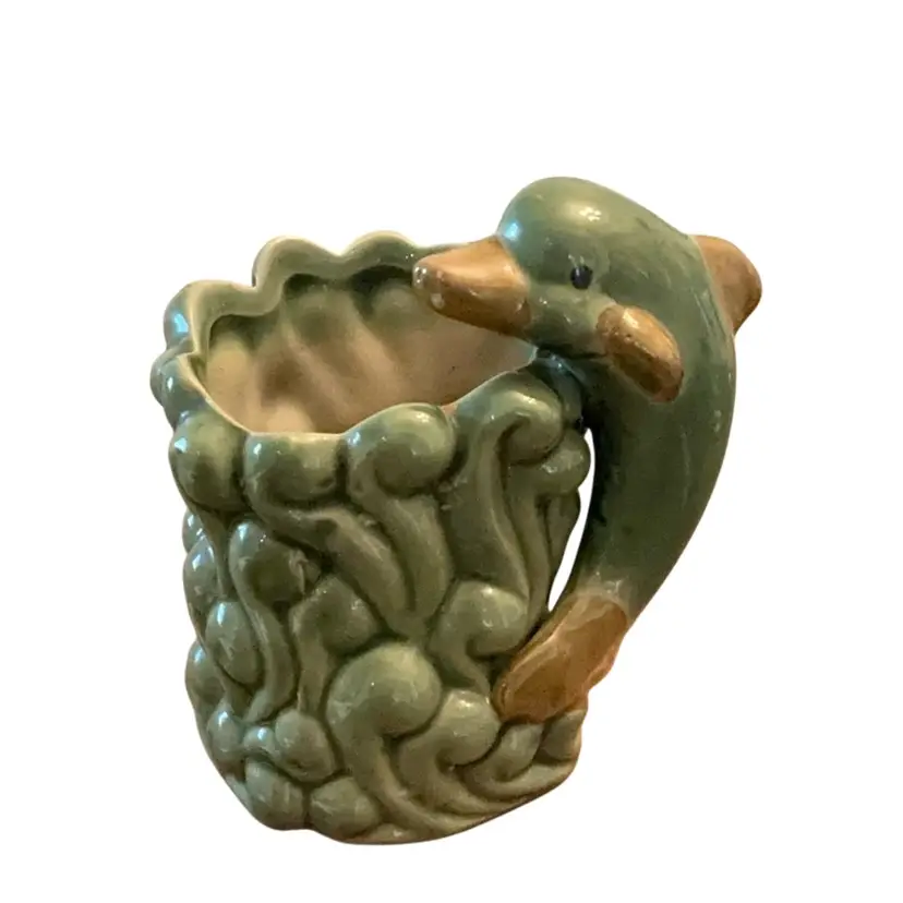 Vintage Green Majolica Style Glazed Ceramic Dolphin Planter 3 1/2” X 4”