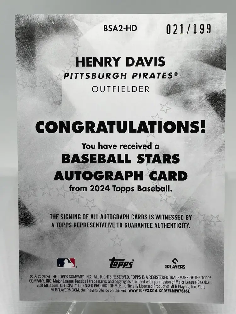 2024 Topps Series Baseball Stars Autographs Henry Davis PIRATES Black /199 RC