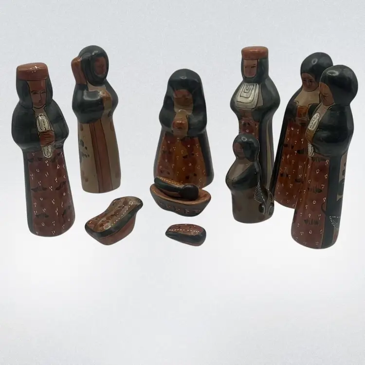 Vintage Tonala Mexican Folk Art Pottery 11 Piece Nativity Set
