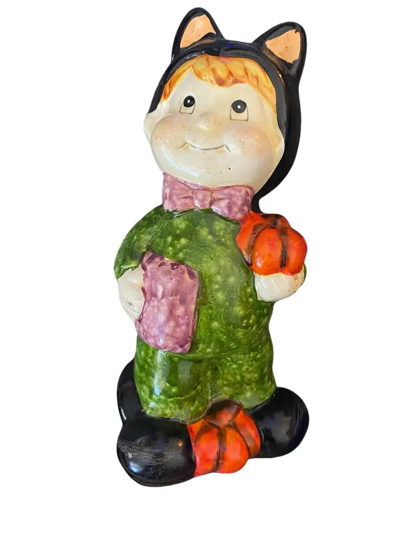 Child Boy Figurine Black Cat Costume Vintage Ceramic Halloween Decor Pumpkin