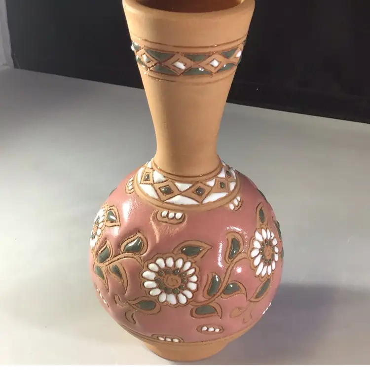 Clay Glazed Inside Vase With Raised Paint