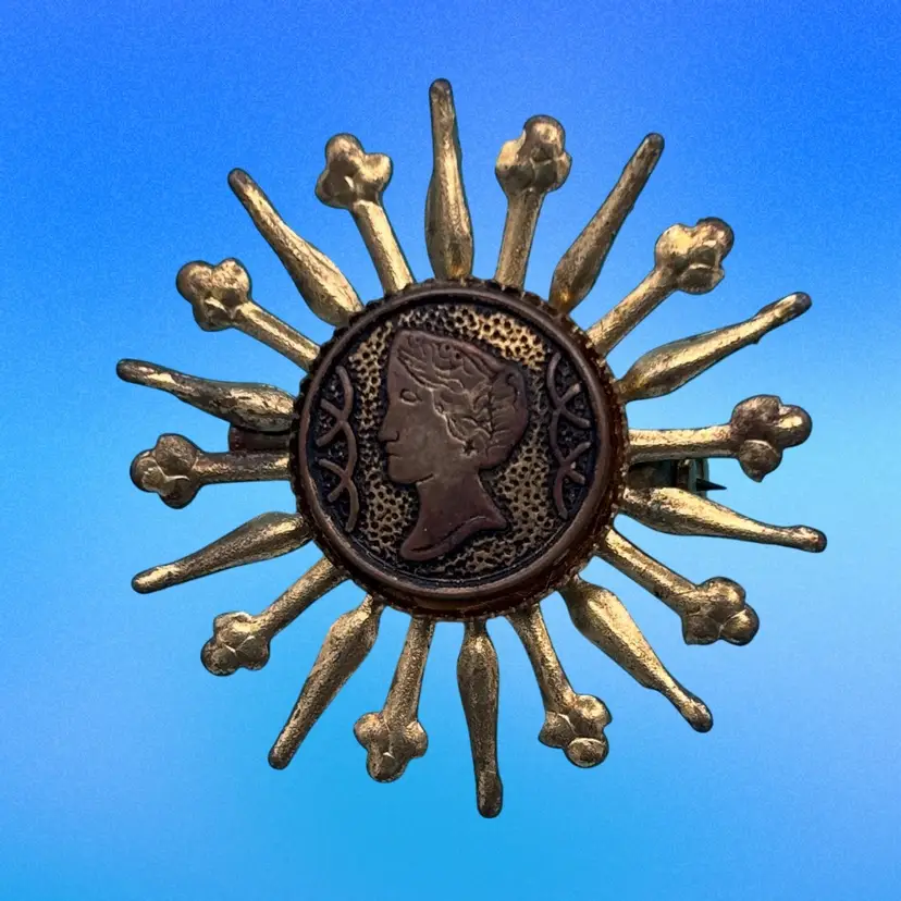 Vintage Sunburst Cameo Brooch – Bronze & Gold-Tone – Classical Woman Silhouette