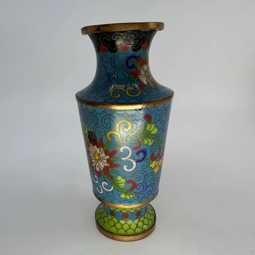 Vintage Chinese Cloisonne Enamel Vase w/Flowers Blue 5.5”