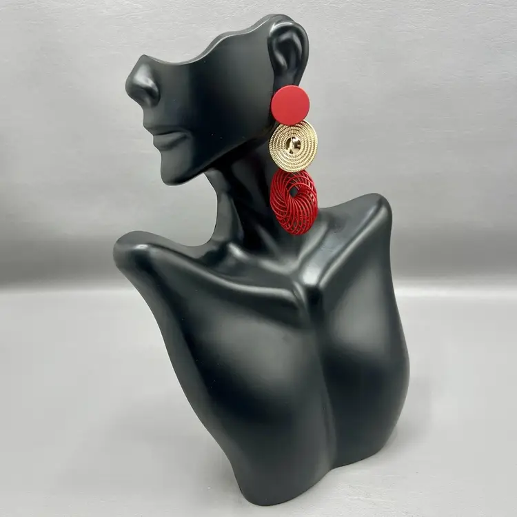 Red Gold Statement Dangle Earrings Large Disc Spiral Retro Bold Fashion 2.75"