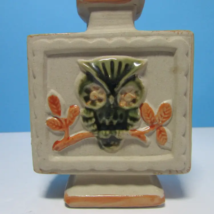 vintage MCM ceramic owl on branch bud vase pedestal square shape kitschy made Japan