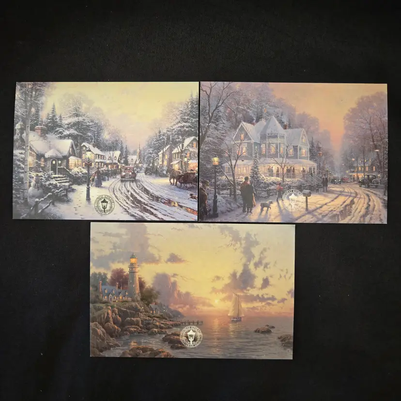 Thomas Kinkade Dealer Postcards set of 3 Village Christmas, Holiday Gathering & Sea Of Tranquility
