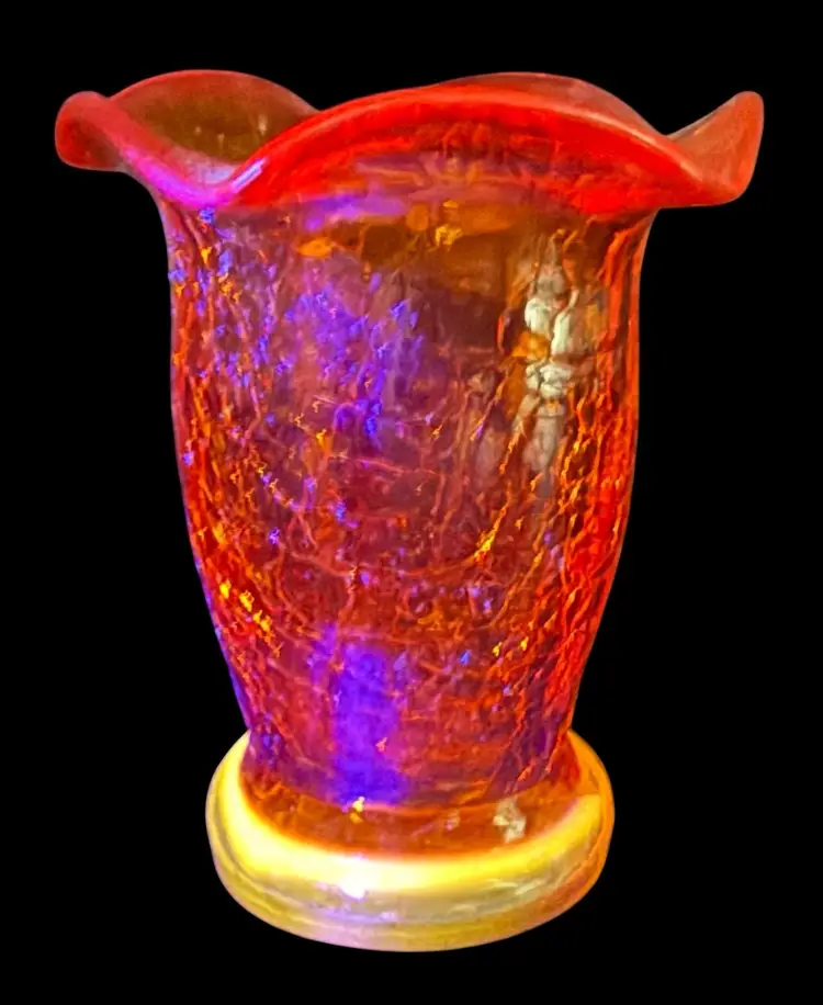 Vintage Crackle Glass Small Toothpick Holder Vase Orange Amberina Tangerine 3”