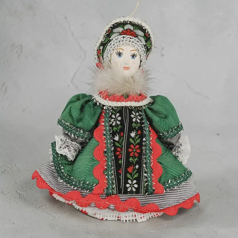 Vtg Porcelain Russian Doll Ornament Traditional Costume Dress Green Red Silver