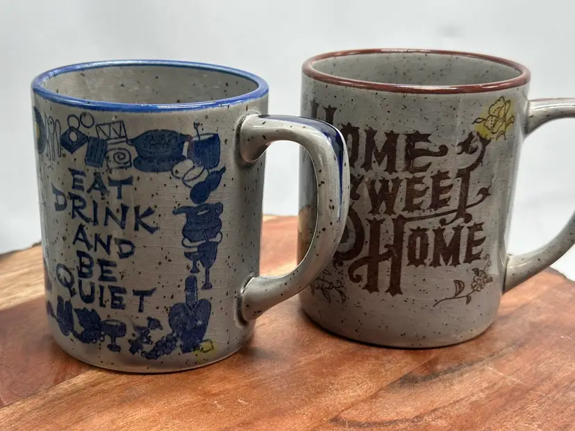 Vintage 2 OTAGIRI Speckle Glaze Japan Coffee Mugs Cup EAT DRINK & Be Quiet HUMOR