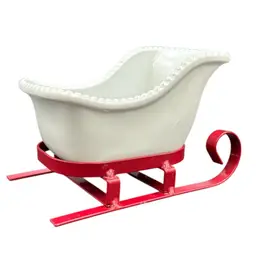 #02 Christmas Sleigh Decor, Bright, White, Ceramic And Red metal candy dish or planter or whatever your heart desires very nice