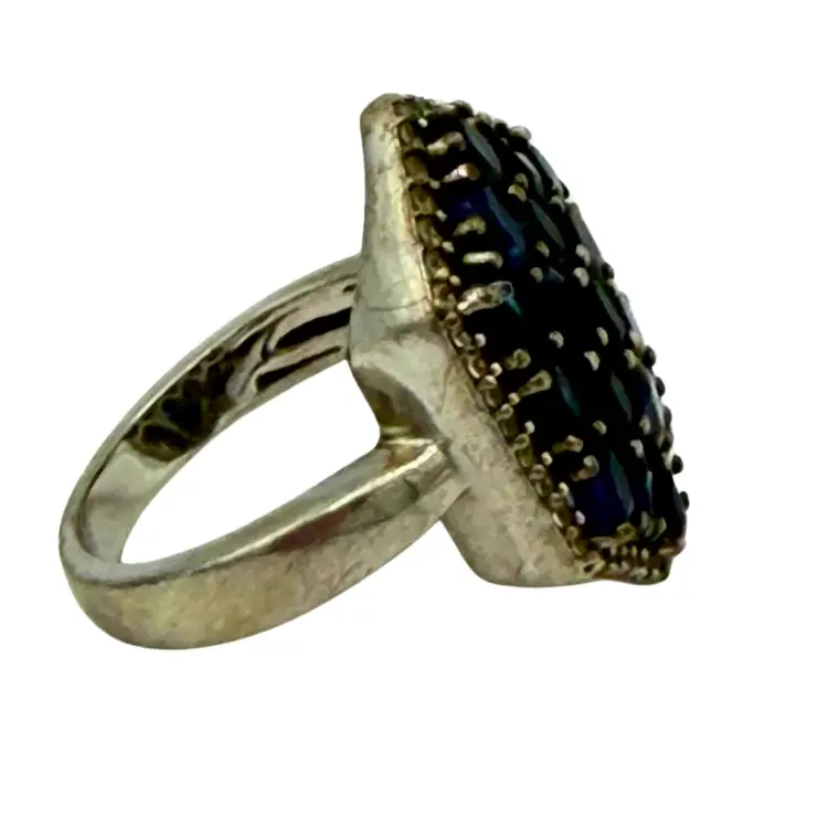 Vintage Blue Gemstone Ring Hexagon Cluster 925 Silver Size 8 Cocktail Jewelry