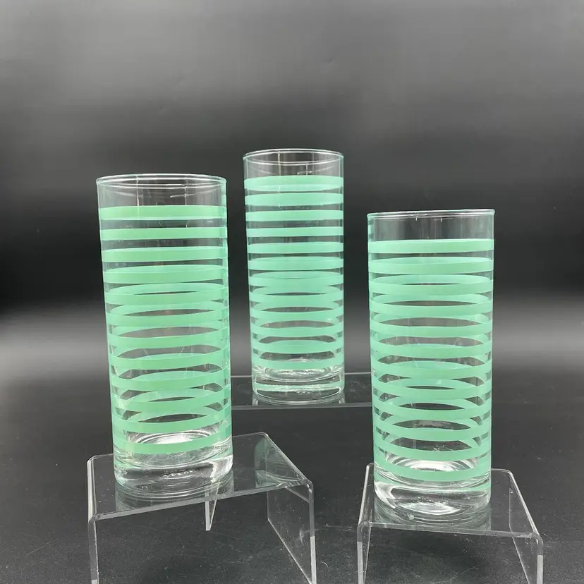 Ocean Mint Green Striped Highball Tumblers Glasses Drinkware Set of 3 MCM