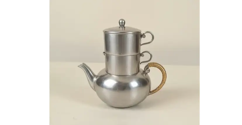 Vintage Pewter Stacking Teapot with a Rattan-Wrapped Handle