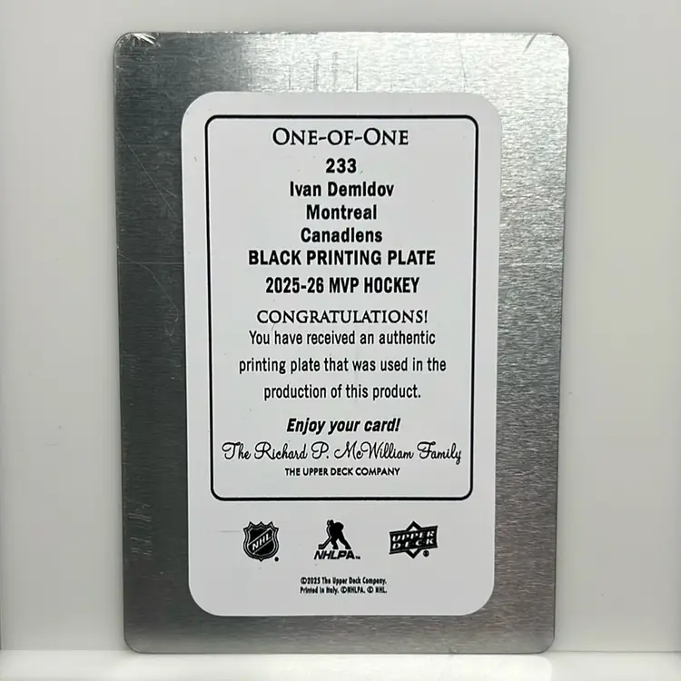 Ivan Demidov (Canadiens) 2025/26 Upper Deck MVP Hockey 1/1 Black Printing Plate