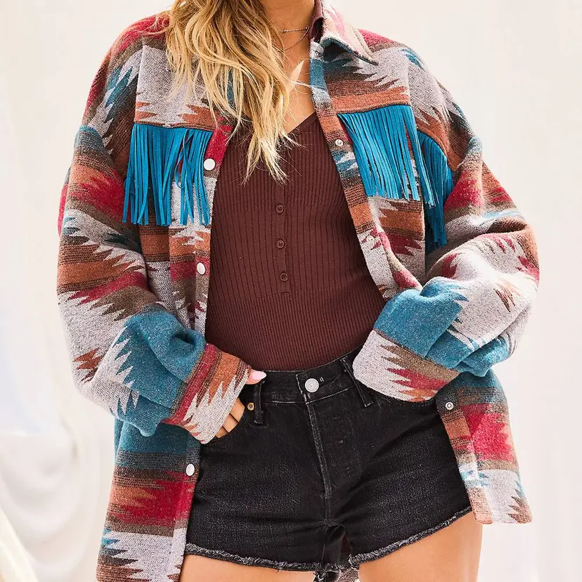THE SHYSIE WOMENS AZTEC PRINT FRINGED JACKET NWT