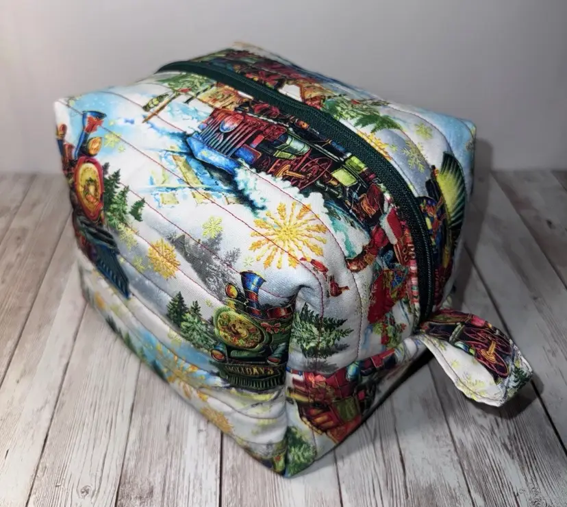 Handmade Christmas Train Holiday Makeup/Toiletrie Travel Bag 5.5”x7.5x6”
